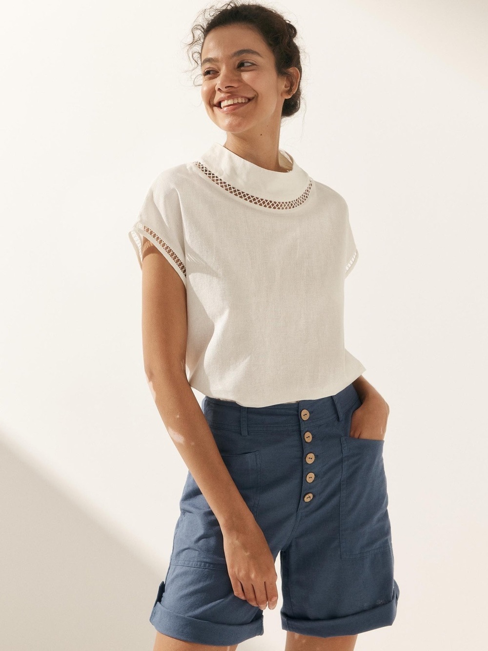 NWT Lintico Linen Women's Cream Crochet-Trim Short Sleeve Top